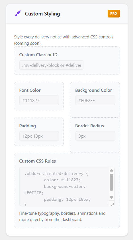 Custom CSS panel inside DeliveryDate
