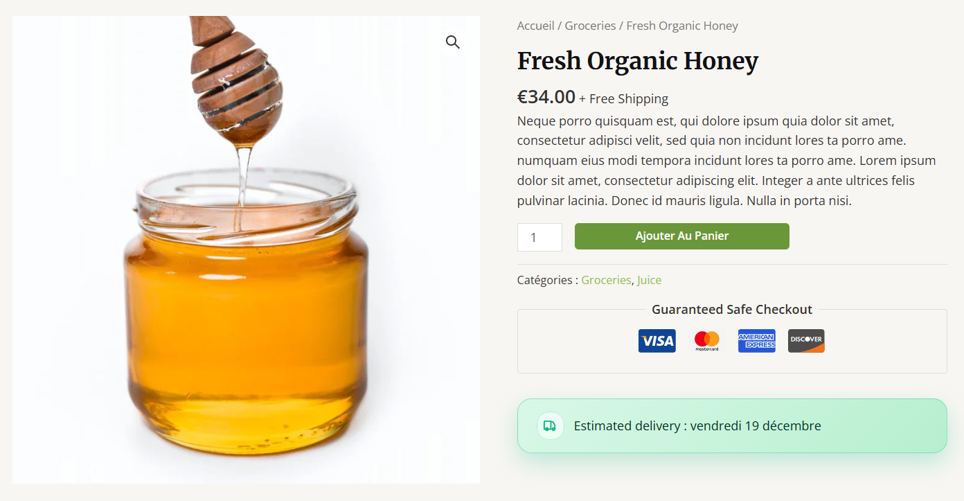 Product page with the delivery date component